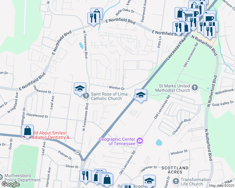 map of restaurants, bars, coffee shops, grocery stores, and more near Applegate Apartments Drive in Murfreesboro