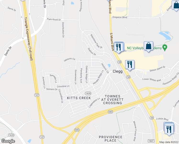map of restaurants, bars, coffee shops, grocery stores, and more near Gamewell Lane in Morrisville