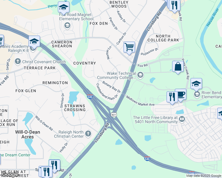 map of restaurants, bars, coffee shops, grocery stores, and more near 5436 Botany Bay Drive in Raleigh