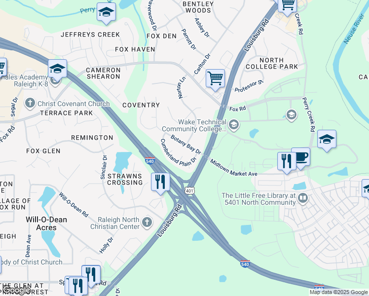 map of restaurants, bars, coffee shops, grocery stores, and more near 5436 Botany Bay Drive in Raleigh