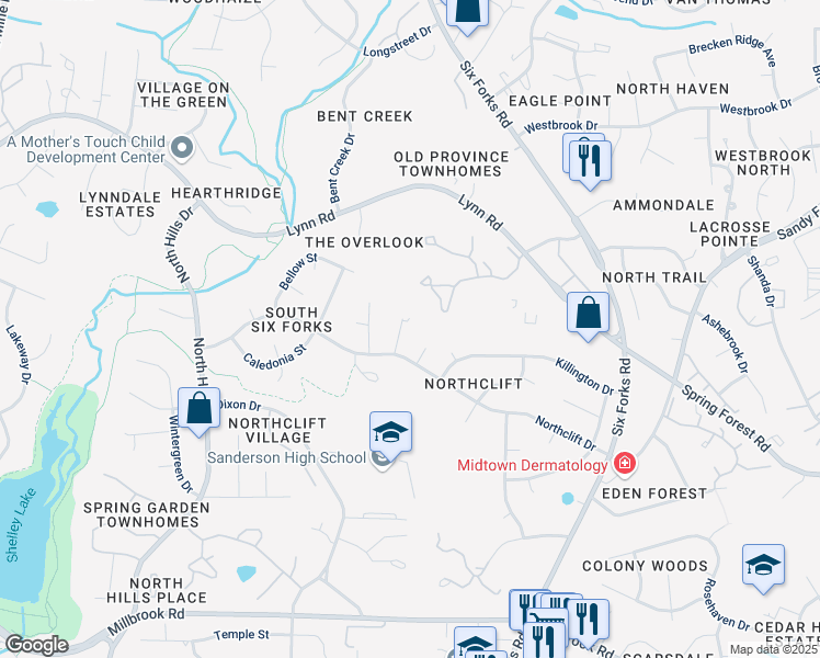 map of restaurants, bars, coffee shops, grocery stores, and more near 710 Northclift Drive in Raleigh