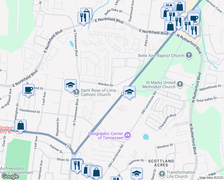 map of restaurants, bars, coffee shops, grocery stores, and more near Applegate Apartments Drive in Murfreesboro