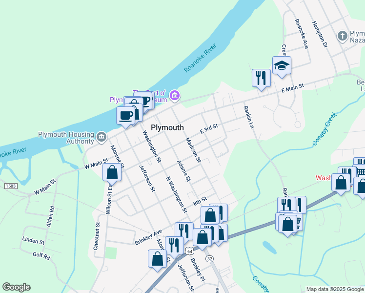 map of restaurants, bars, coffee shops, grocery stores, and more near 205 East 3rd Street in Plymouth