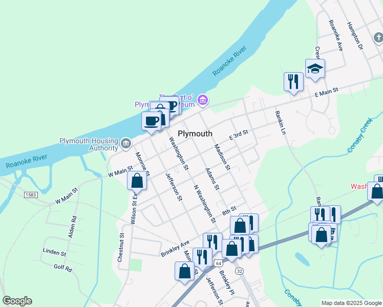 map of restaurants, bars, coffee shops, grocery stores, and more near 106 East 3rd Street in Plymouth