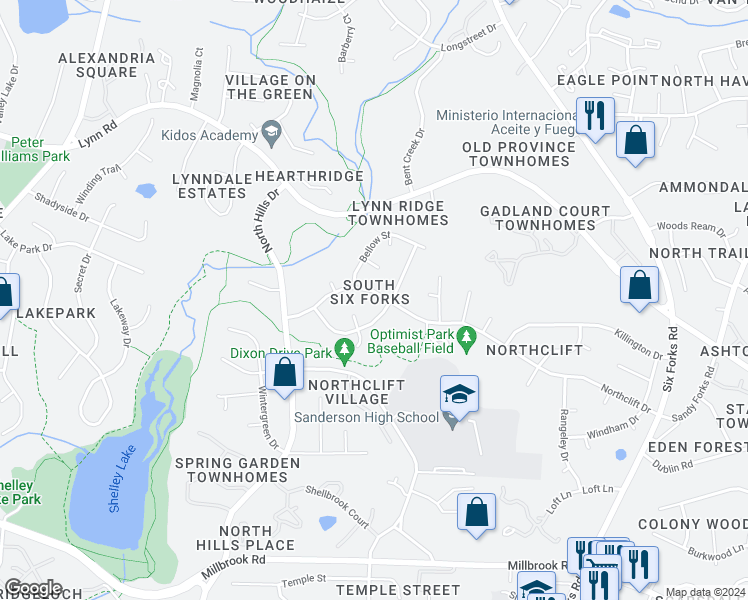 map of restaurants, bars, coffee shops, grocery stores, and more near 905 Northclift Drive in Raleigh