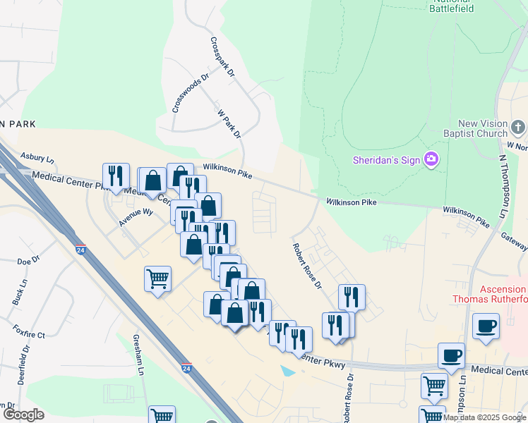 map of restaurants, bars, coffee shops, grocery stores, and more near 2655 Wilkinson Pike in Murfreesboro