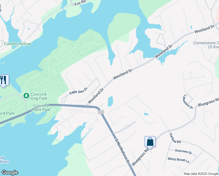 map of restaurants, bars, coffee shops, grocery stores, and more near 10244 Westland Drive in Knoxville