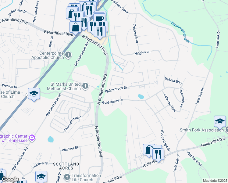 map of restaurants, bars, coffee shops, grocery stores, and more near 1306 Pearl Knob Court in Murfreesboro