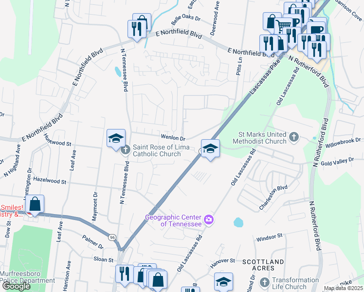 map of restaurants, bars, coffee shops, grocery stores, and more near Applegate Apartments Drive in Murfreesboro