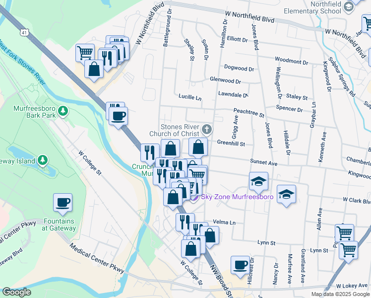 map of restaurants, bars, coffee shops, grocery stores, and more near 1215 Sunset Avenue in Murfreesboro