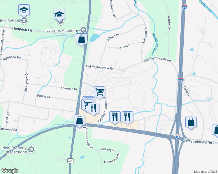 map of restaurants, bars, coffee shops, grocery stores, and more near 4800 Captain Freeman Parkway in Franklin