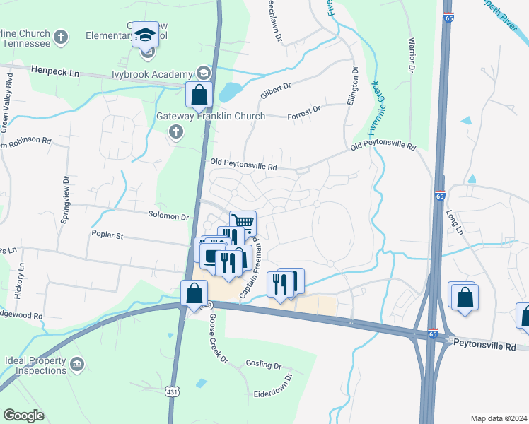 map of restaurants, bars, coffee shops, grocery stores, and more near 4800 Captain Freeman Parkway in Franklin