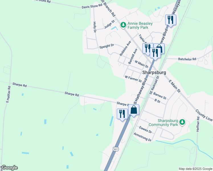 map of restaurants, bars, coffee shops, grocery stores, and more near Sharpe Road in Nash County