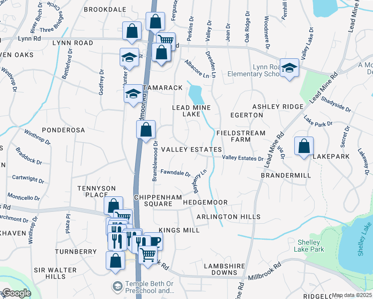 map of restaurants, bars, coffee shops, grocery stores, and more near 6117 Valley Estates Drive in Raleigh