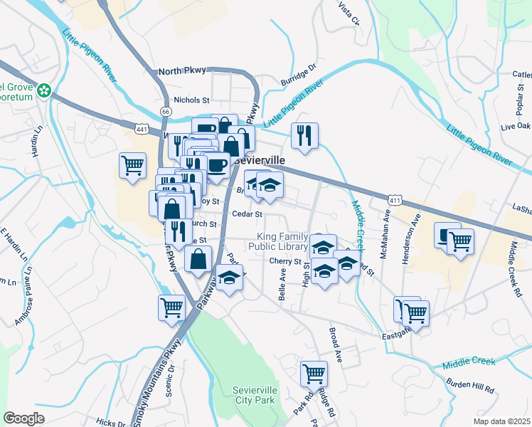 map of restaurants, bars, coffee shops, grocery stores, and more near 300 Cedar Street in Sevierville