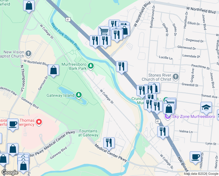 map of restaurants, bars, coffee shops, grocery stores, and more near 1420 West College Street in Murfreesboro