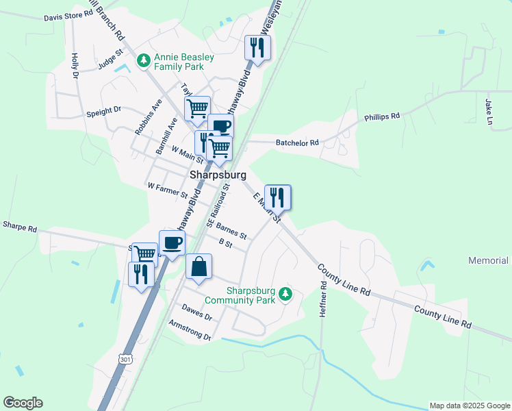map of restaurants, bars, coffee shops, grocery stores, and more near 205 East Main Street in Sharpsburg
