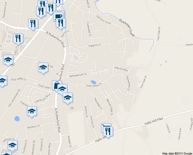 map of restaurants, bars, coffee shops, grocery stores, and more near 1313 Greyrock Circle in Murfreesboro
