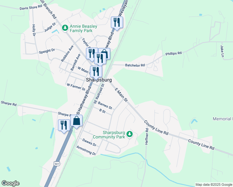 map of restaurants, bars, coffee shops, grocery stores, and more near 205 East Main Street in Sharpsburg