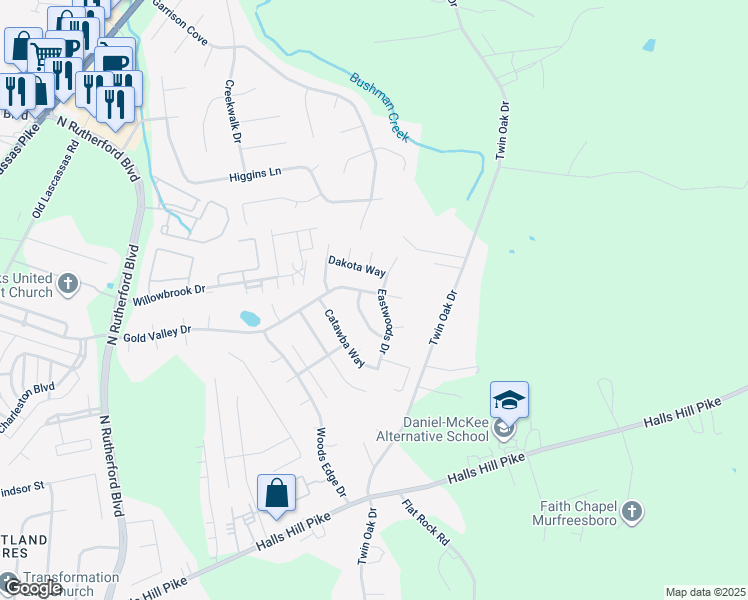 map of restaurants, bars, coffee shops, grocery stores, and more near 2660 Gold Valley Drive in Murfreesboro