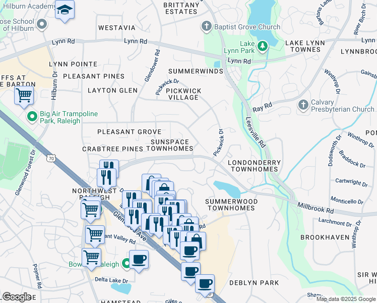 map of restaurants, bars, coffee shops, grocery stores, and more near 4203 Sunscape Lane in Raleigh
