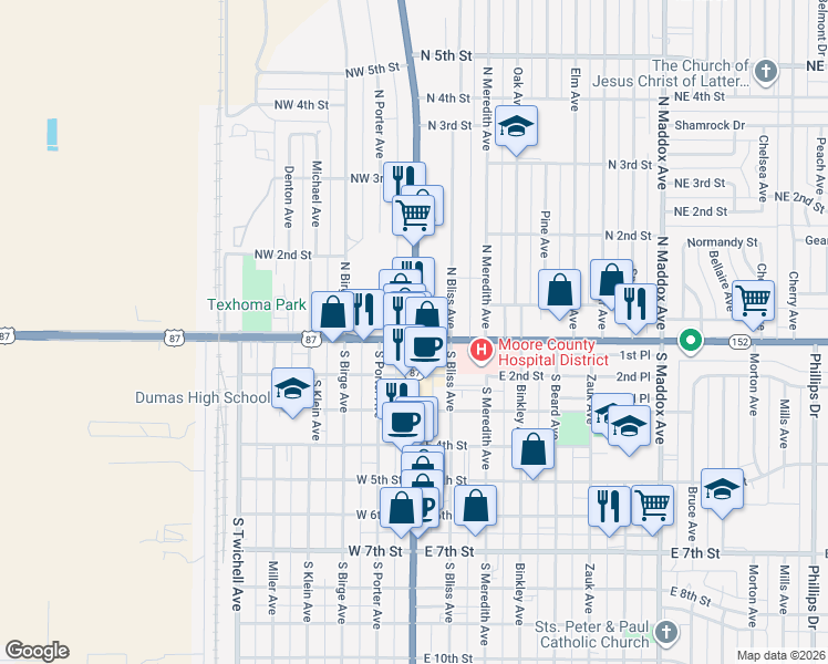 map of restaurants, bars, coffee shops, grocery stores, and more near in Dumas
