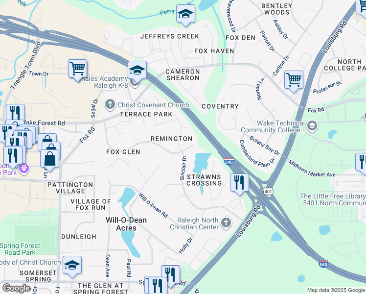 map of restaurants, bars, coffee shops, grocery stores, and more near 4952 Bivens Drive in Raleigh