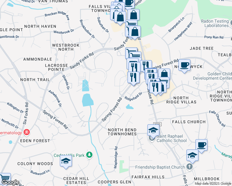map of restaurants, bars, coffee shops, grocery stores, and more near 710 Spring Falls Drive in Raleigh