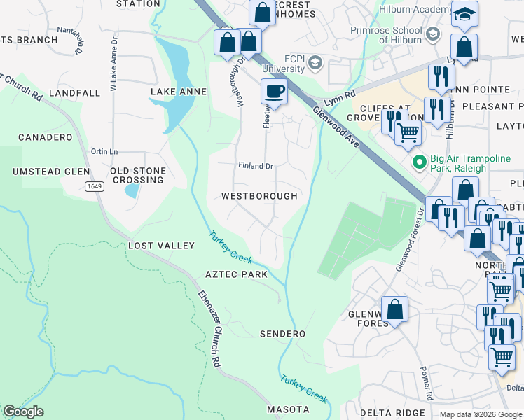 map of restaurants, bars, coffee shops, grocery stores, and more near 8000 Elderson Lane in Raleigh