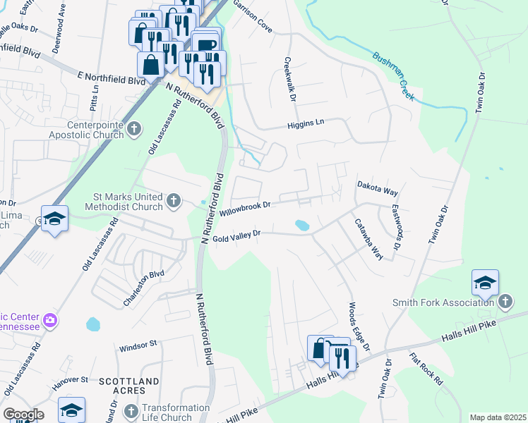 map of restaurants, bars, coffee shops, grocery stores, and more near 1307 Teakwood Court in Murfreesboro
