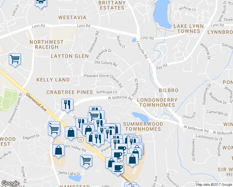 map of restaurants, bars, coffee shops, grocery stores, and more near 4203 Sunscape Lane in Raleigh