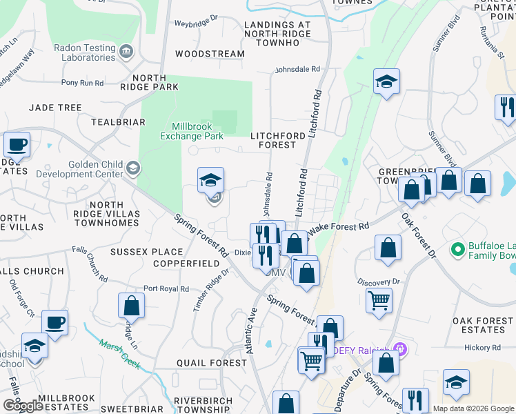 map of restaurants, bars, coffee shops, grocery stores, and more near 6301 Johnsdale Road in Raleigh