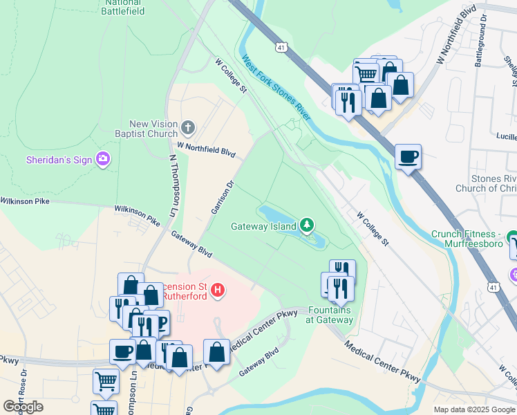 map of restaurants, bars, coffee shops, grocery stores, and more near 1875 West College Street in Murfreesboro