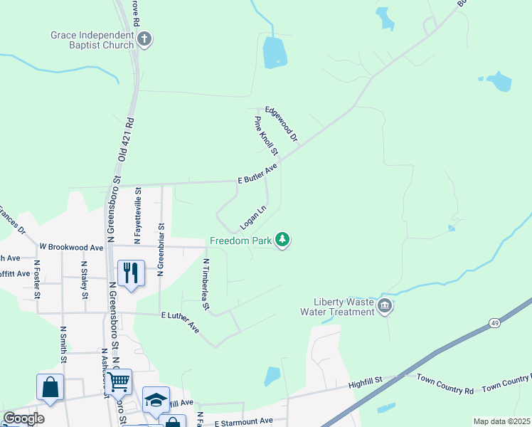 map of restaurants, bars, coffee shops, grocery stores, and more near 629 Logan Lane in Liberty