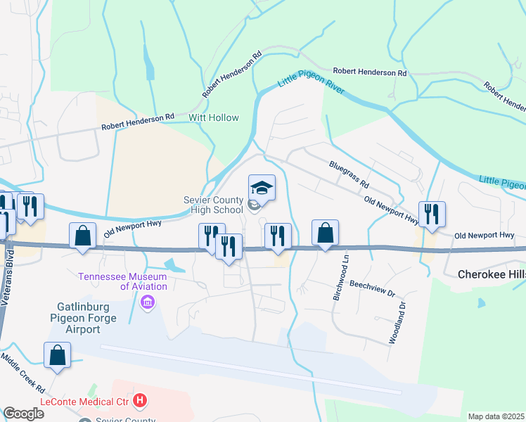 map of restaurants, bars, coffee shops, grocery stores, and more near 1200 Dolly Parton Parkway in Sevierville