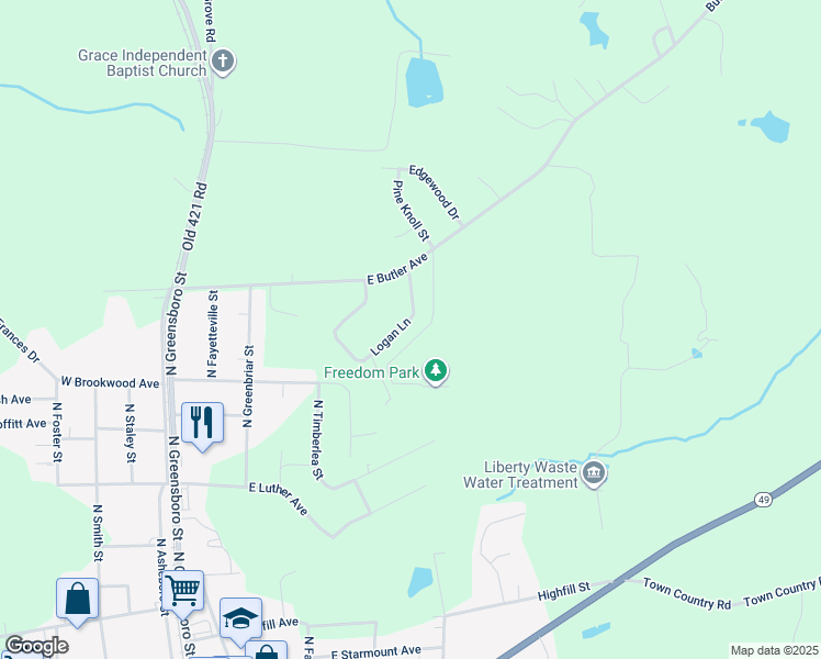 map of restaurants, bars, coffee shops, grocery stores, and more near 629 Logan Lane in Liberty