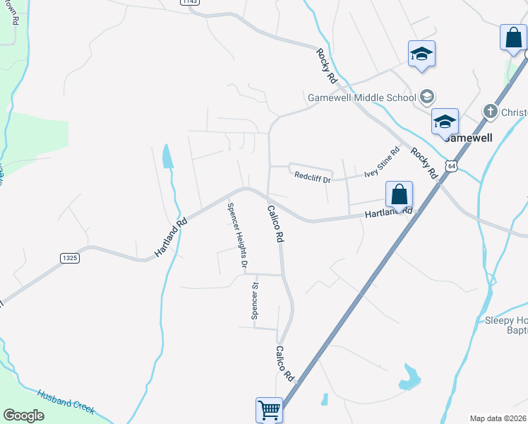 map of restaurants, bars, coffee shops, grocery stores, and more near 4807 Calico Road in Lenoir