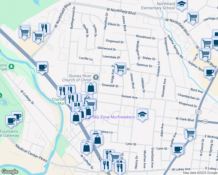 map of restaurants, bars, coffee shops, grocery stores, and more near 1003 Greenhill Street in Murfreesboro