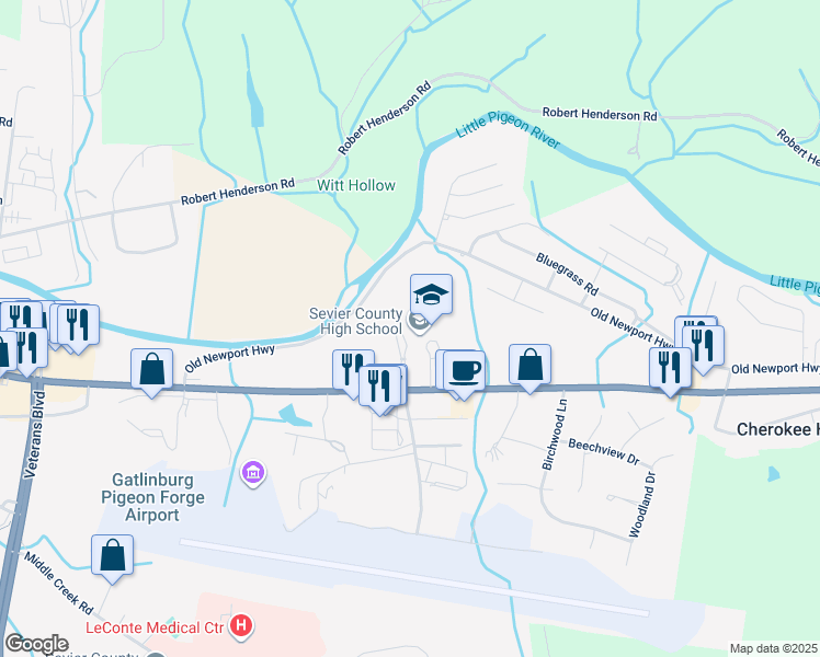 map of restaurants, bars, coffee shops, grocery stores, and more near 1200 Dolly Parton Parkway in Sevierville