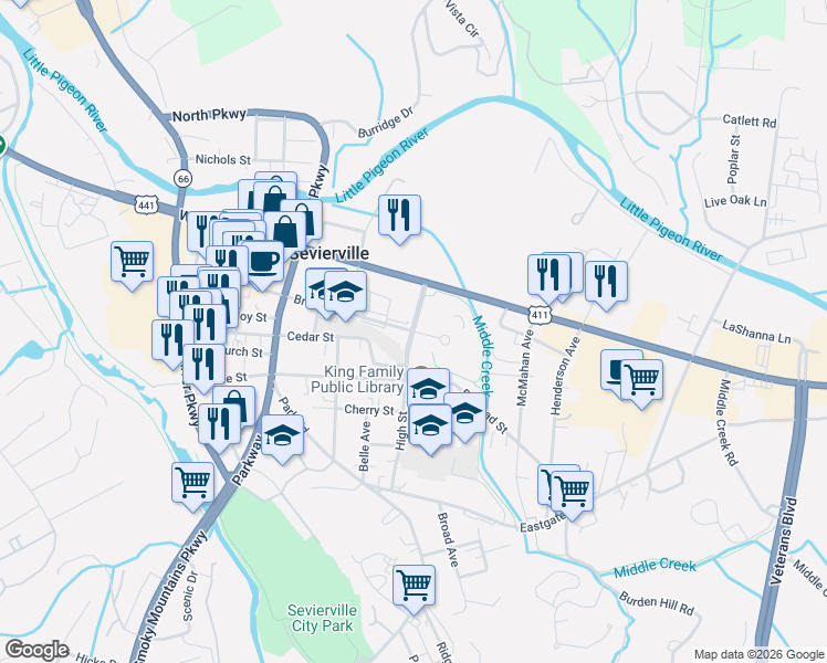 map of restaurants, bars, coffee shops, grocery stores, and more near 192 Gary R Wade Boulevard in Sevierville