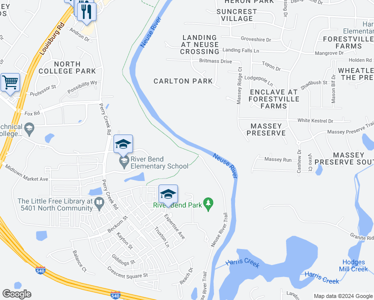 map of restaurants, bars, coffee shops, grocery stores, and more near Neuse River Trail in Raleigh