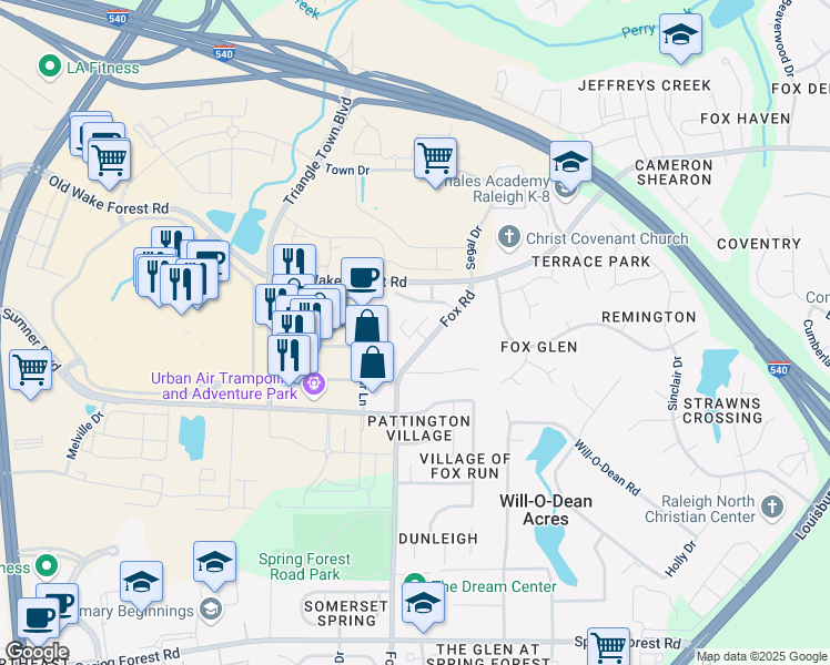 map of restaurants, bars, coffee shops, grocery stores, and more near 4205 Dunn Drive in Raleigh