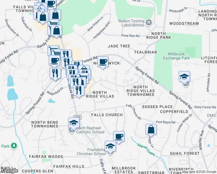 map of restaurants, bars, coffee shops, grocery stores, and more near 6238 Fountainhead Drive in Raleigh