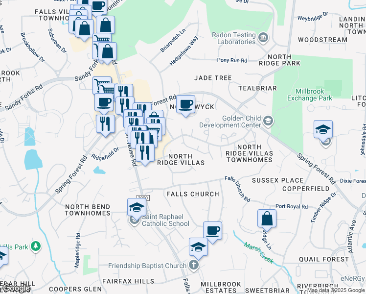 map of restaurants, bars, coffee shops, grocery stores, and more near 6218 Fountainhead Drive in Raleigh
