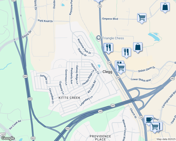map of restaurants, bars, coffee shops, grocery stores, and more near Gamewell Lane in Morrisville
