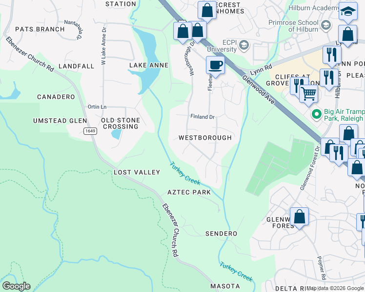 map of restaurants, bars, coffee shops, grocery stores, and more near 6017 Westborough Drive in Raleigh