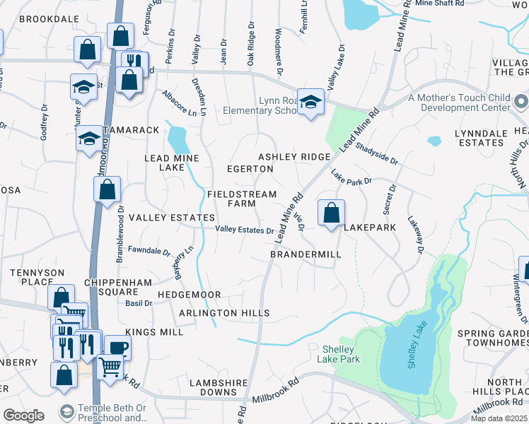 map of restaurants, bars, coffee shops, grocery stores, and more near 6208 Wynbrook Way in Raleigh