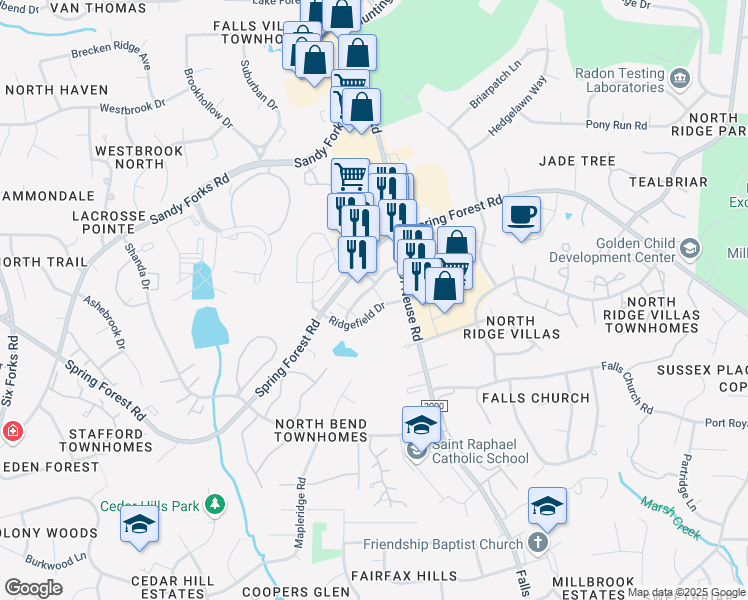 map of restaurants, bars, coffee shops, grocery stores, and more near 832 Springfield Commons Drive in Raleigh