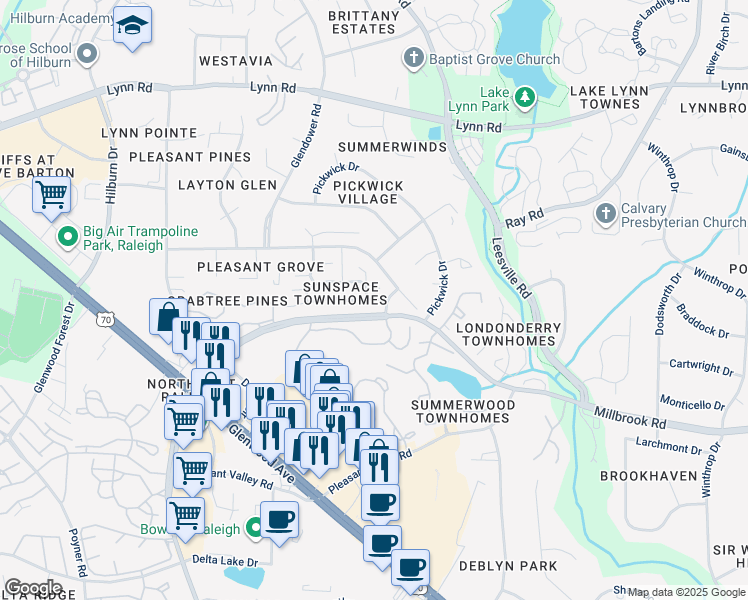 map of restaurants, bars, coffee shops, grocery stores, and more near 4325 Sunscape Lane in Raleigh