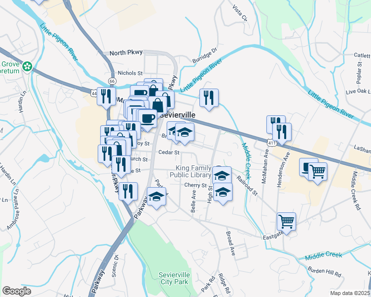 map of restaurants, bars, coffee shops, grocery stores, and more near 300 Cedar Street in Sevierville